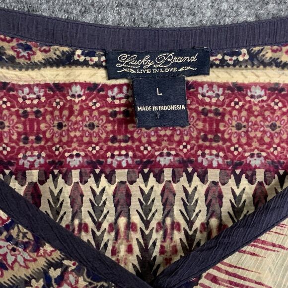 Lucky Brand Semi Sheer Top Pull Over Dark Paisley Striped Scarf Print Hi Low - Picture 5 of 10